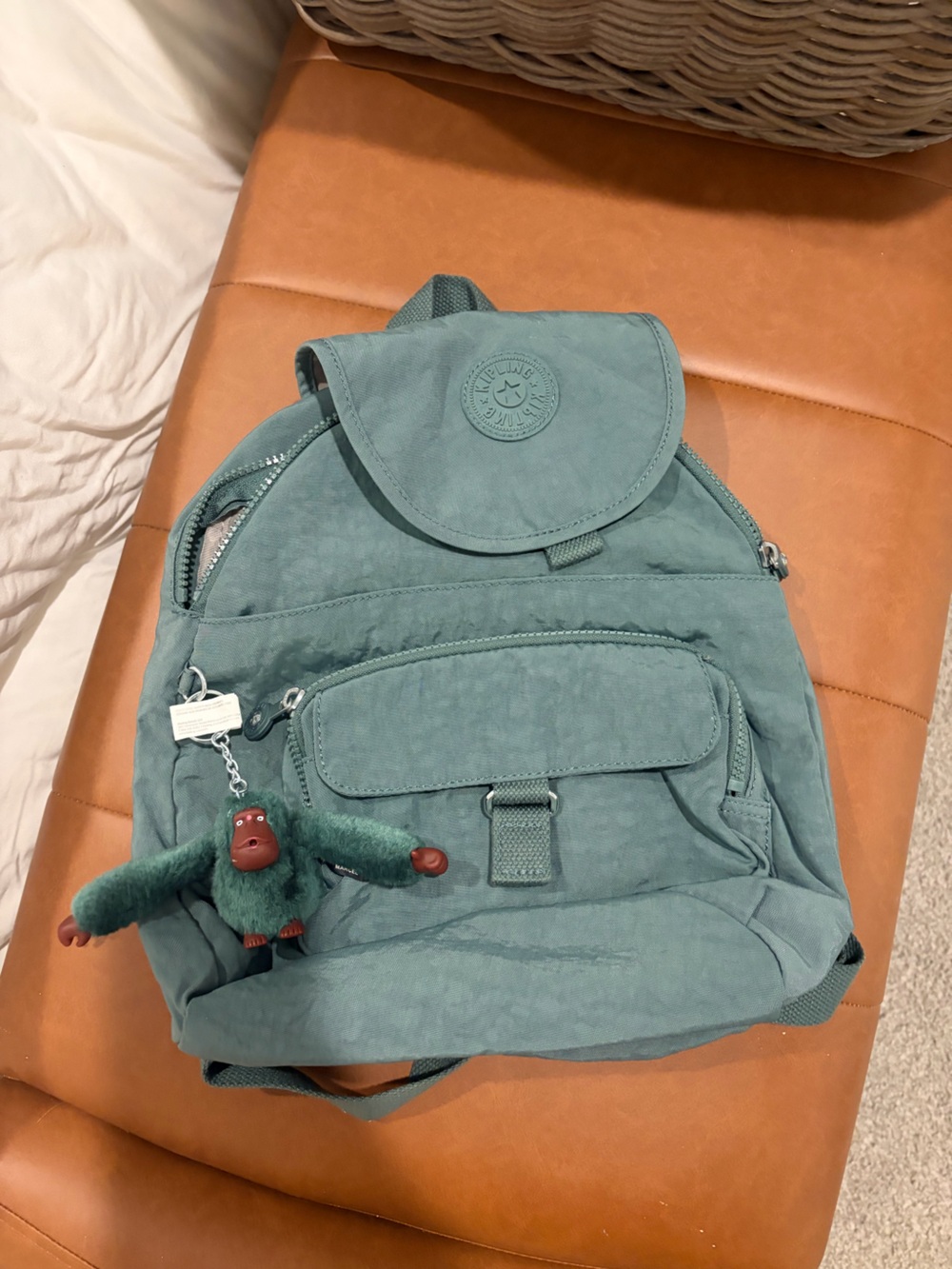 Kipling Slate Teal Small Backpack with Monkey Charm